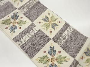 手織り真綿紬市松に幾何学模様織出し名古屋帯